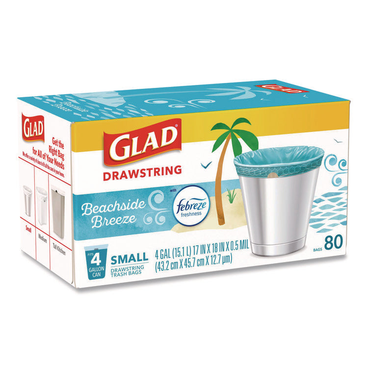 OdorShield Small Drawstring Trash Bags, 4 gal, Beachside Breeze Scent, 0.5 mil, 18" x 17", Blue, 80/Box