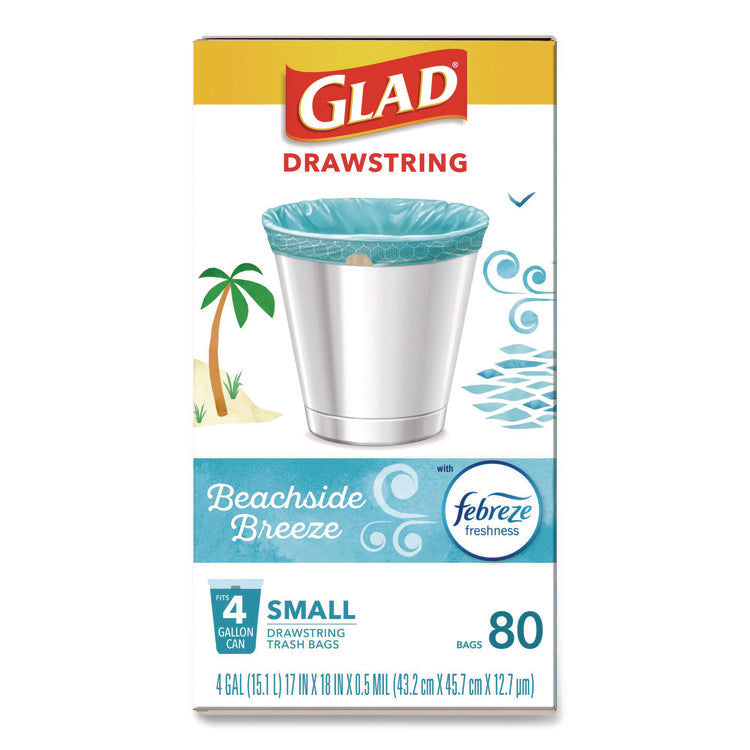 OdorShield Small Drawstring Trash Bags, 4 gal, Beachside Breeze Scent, 0.5 mil, 18" x 17", Blue, 80/Box