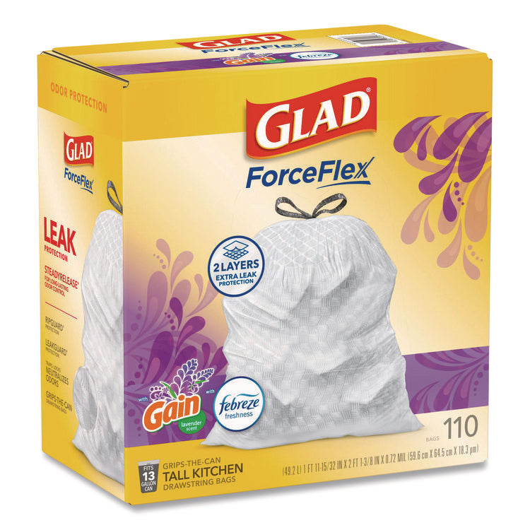 ForceFlex Tall Kitchen Drawstring Trash Bags, 13 gal, Gain Lavender with Febreze Freshness, 10.18 x 9.81, White, 110/Box