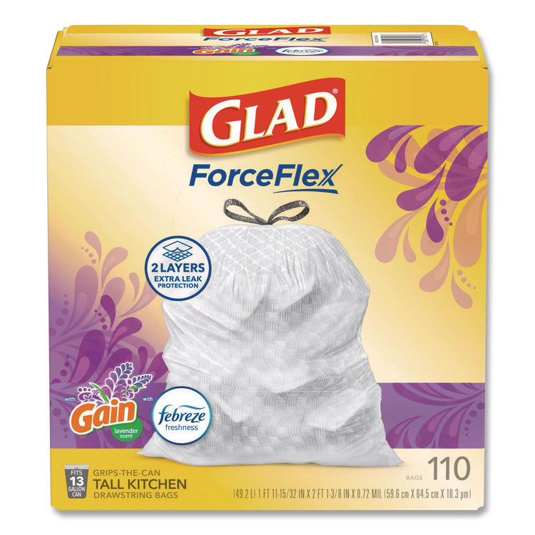 ForceFlex Tall Kitchen Drawstring Trash Bags, 13 gal, Gain Lavender with Febreze Freshness, 10.18 x 9.81, White, 110/Box