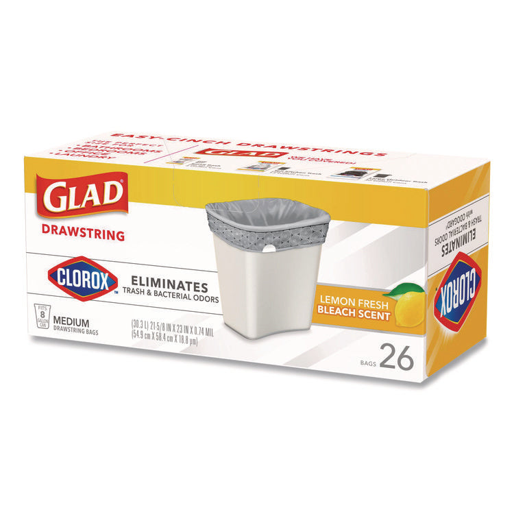 Medium Drawstring Trash Bags with Clorox, 8 gal, Lemon Fresh Bleach Scent, 0.74 mil, 23" x 21.63", Gray, 26/Box