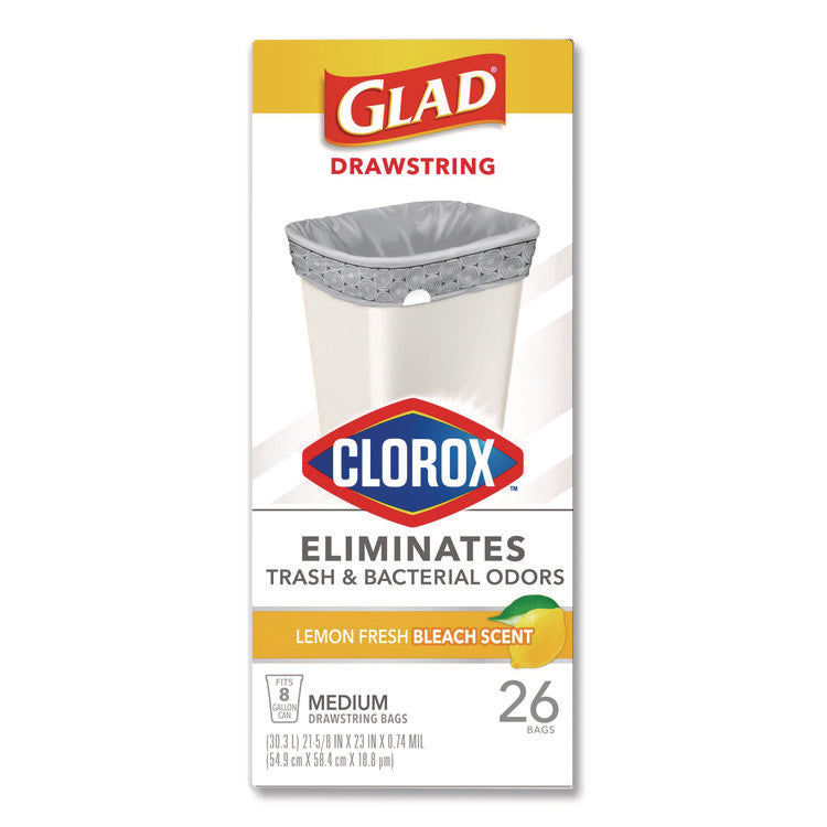 Medium Drawstring Trash Bags with Clorox, 8 gal, Lemon Fresh Bleach Scent, 0.74 mil, 23" x 21.63", Gray, 26/Box