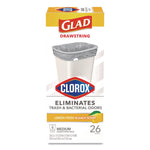 Medium Drawstring Trash Bags with Clorox, 8 gal, Lemon Fresh Bleach Scent, 0.74 mil, 23" x 21.63", Gray, 26/Box