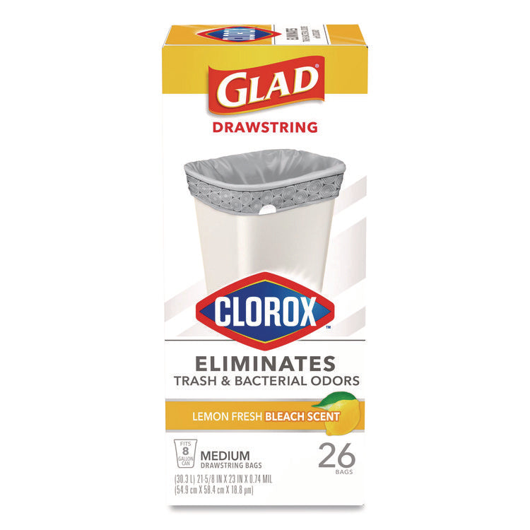 Medium Drawstring Trash Bags with Clorox, 8 gal, Lemon Fresh Bleach Scent, 0.74 mil, 23" x 21.63", Gray, 26/Box