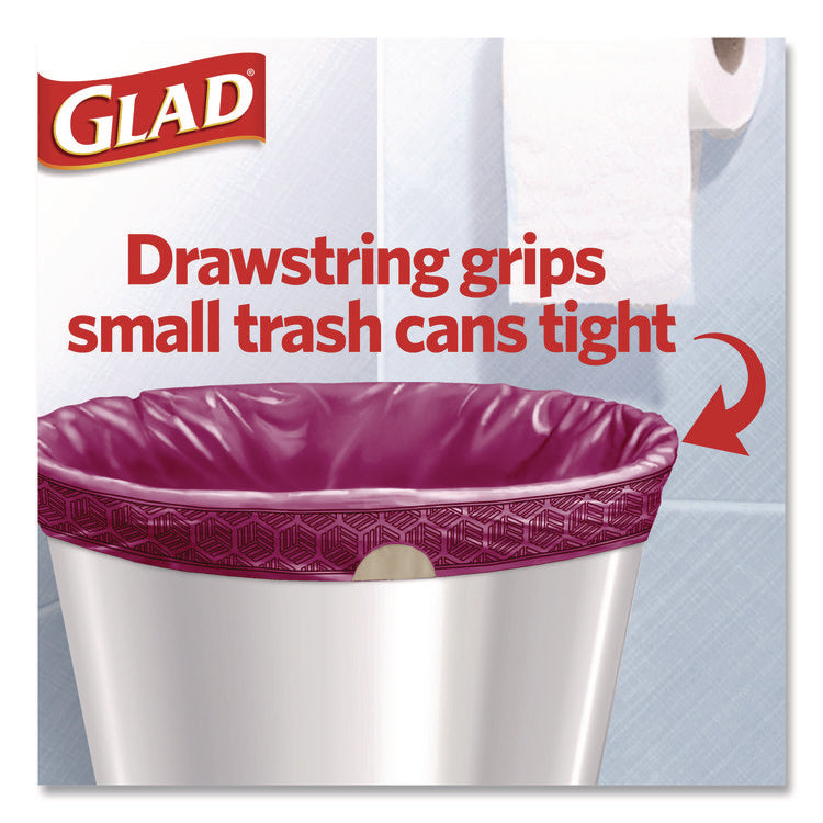 OdorShield Small Drawstring Trash Bags, 4 gal, Cherry Blossom Scent, 0.5 mil, 18" x 17", Pink, 34/Box