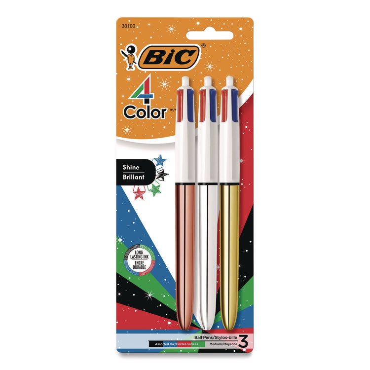 4-Color Shine Multi-Color Ballpoint Pen, Retractable, Medium 1mm, Black/Blue/Green/Red Ink, Assorted Metallic Barrels, 3/Pack