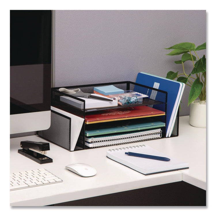 Metal Mesh Desktop Organizer Letter Tray, 6 Sections, Letter Size, 9.15 x 16.75 x 6, Black