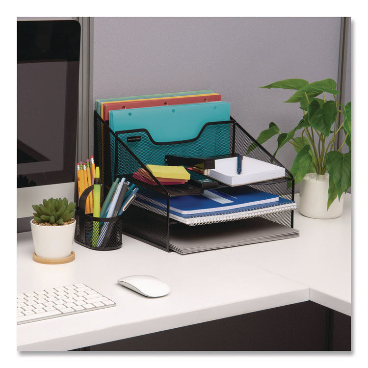 Metal Mesh Vertical File Holder Paper Tray Desktop Organizer, 2-Tier/5-Compartment, Letter Size, 11.25 x 12.5 x 9.5, Black