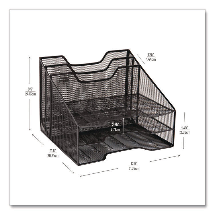 Metal Mesh Vertical File Holder Paper Tray Desktop Organizer, 2-Tier/5-Compartment, Letter Size, 11.25 x 12.5 x 9.5, Black