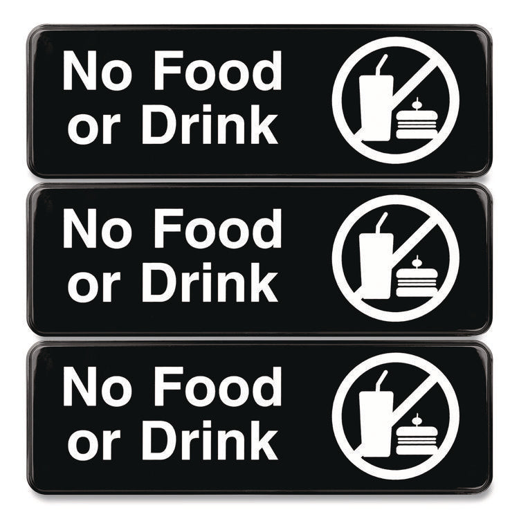 No Food or Drink Wall Sign, 9" x 3", Black Face, White Graphics, 3/Pack