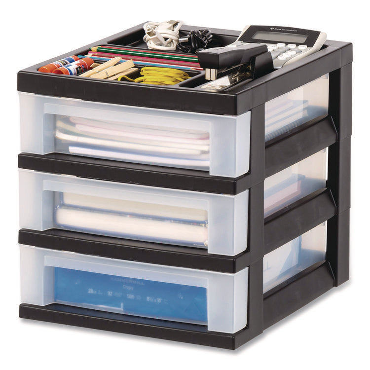 3-Drawer Desktop Storage with Top Organizer Tray, Plastic, 12.17 x 14.33 x 12.93, Black/Translucent