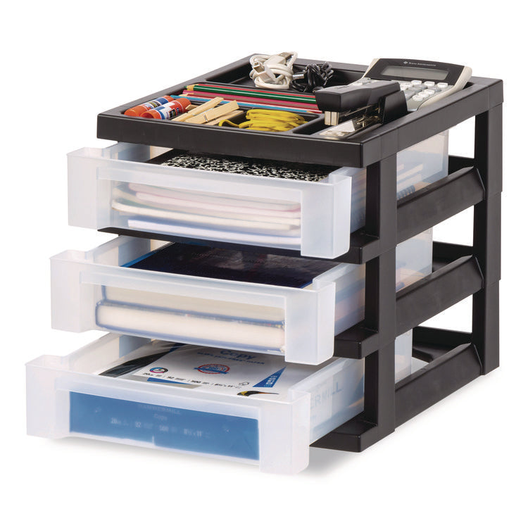 3-Drawer Desktop Storage with Top Organizer Tray, Plastic, 12.17 x 14.33 x 12.93, Black/Translucent