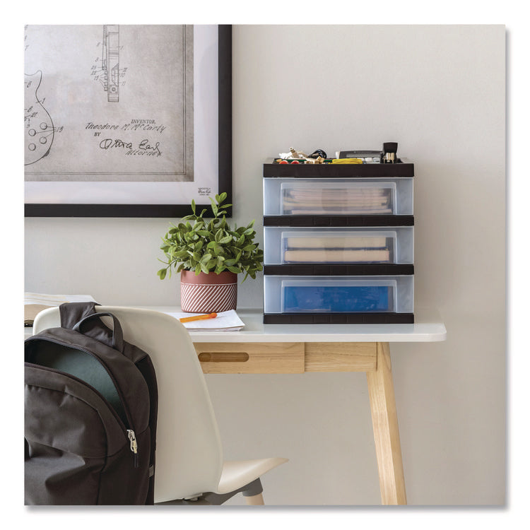 3-Drawer Desktop Storage with Top Organizer Tray, Plastic, 12.17 x 14.33 x 12.93, Black/Translucent