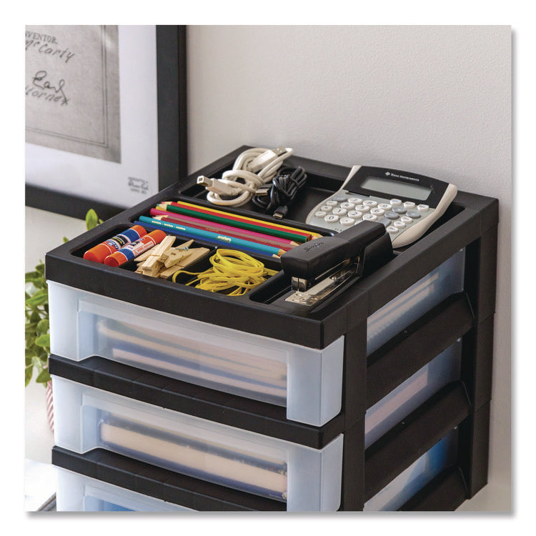 3-Drawer Desktop Storage with Top Organizer Tray, Plastic, 12.17 x 14.33 x 12.93, Black/Translucent