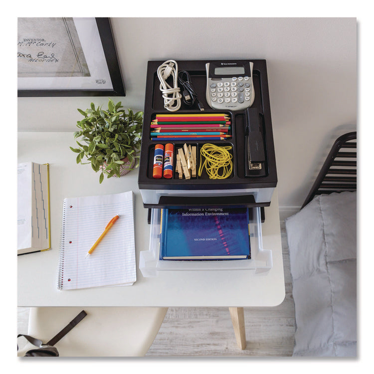 3-Drawer Desktop Storage with Top Organizer Tray, Plastic, 12.17 x 14.33 x 12.93, Black/Translucent
