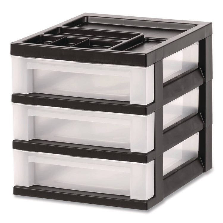 3-Drawer Desktop Storage with Top Organizer Tray, Plastic, 12.17 x 14.33 x 12.93, Black/Translucent