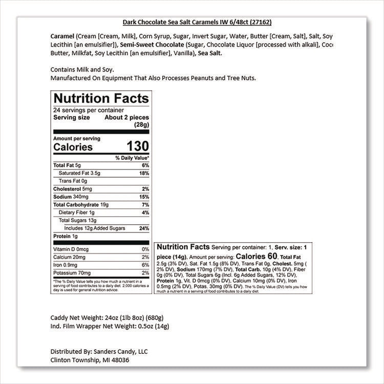 Small Batch Wonders Snack Size Dark Chocolate Sea Salt Caramels, 0.5 oz Individually Wrapped, 48/Box