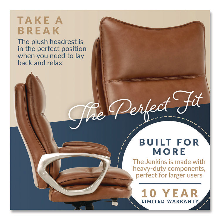 Jenkins Executive Big and Tall Chair, Supports Up to 400 lb, 20" to 23" Seat Height, Brown Seat/Back, Silver/Black Base