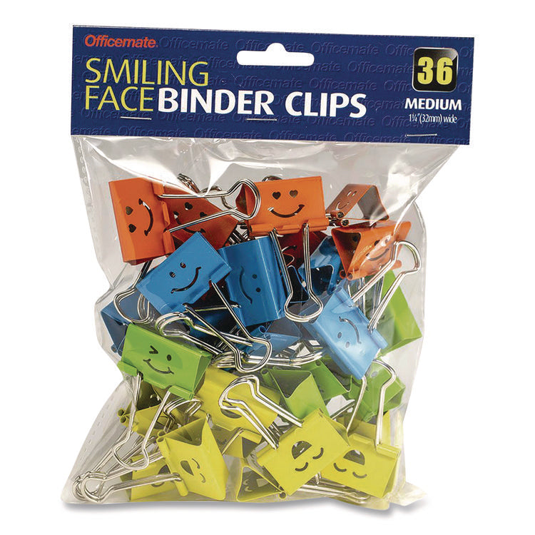 Smiling Face Binder Clips, Medium, Assorted Colors, 36/Pack