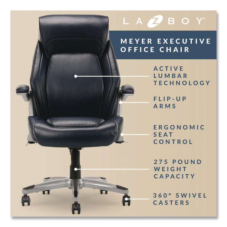 Meyer Bonded Leather Executive Chair, Supports Up to 275 lb, 19" x 22.75", Navy Seat, Navy/Back, Silver Base
