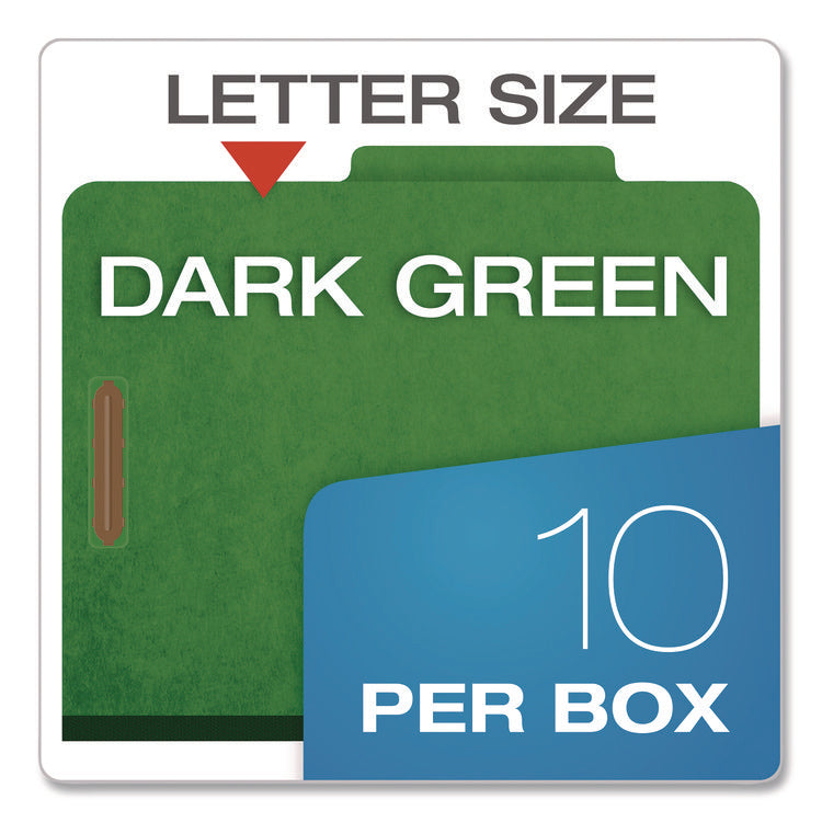 Colored Pressboard Top Tab Classification Folders, 2.5" Expansion, 2 Dividers, 6 Fasteners, Letter Size, Dark Green, 10/Box