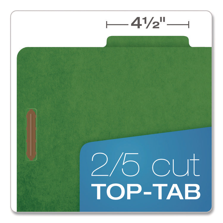 Colored Pressboard Top Tab Classification Folders, 2.5" Expansion, 2 Dividers, 6 Fasteners, Letter Size, Dark Green, 10/Box