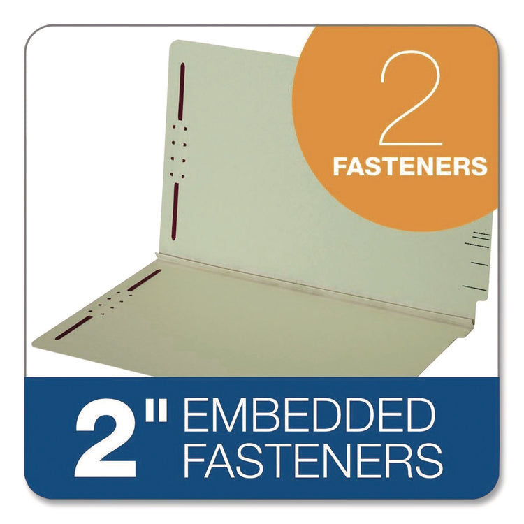 Colored Pressboard End Tab Fastener Folders, 2 Fasteners, Legal Size, Light Green Exterior, 25/Box
