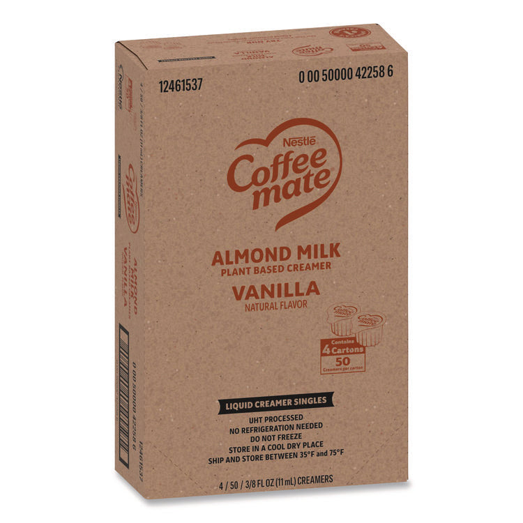 Plant-Based Almond Milk Non-Dairy Liquid Creamer Singles, Natural Vanilla, 0.38 oz Mini Cups, 200/Carton