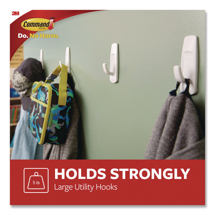 General Purpose Hooks, Large, Plastic, White, 5 lb Capacity, 12 Hooks and 18 Strips/Pack