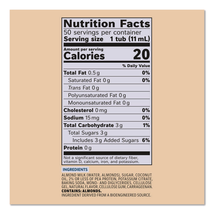 Plant-Based Almond Milk Non-Dairy Liquid Creamer Singles, Natural Vanilla, 0.38 oz Mini Cups, 50/Box