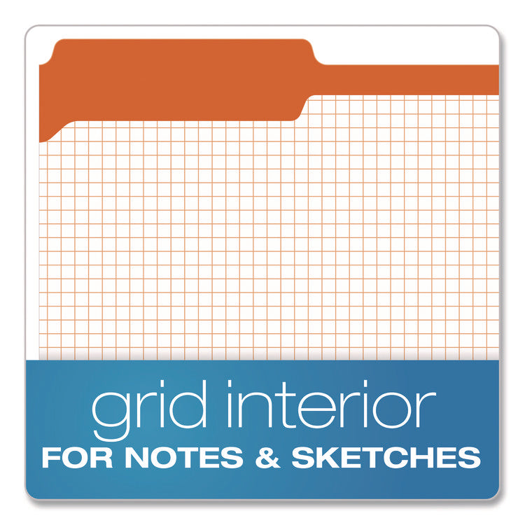 Colored File Folders with Grid-Ruled Interiors, 1/3-Cut: Assorted Positions, Legal Size, Bright Orange/White, 100/Box