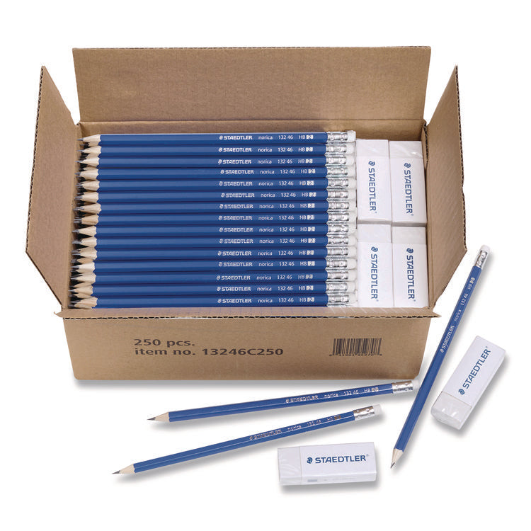 Pre-Sharpened Wooden Pencils with (20) Block Erasers, HB #2 Black Lead, Blue Barrel, 250/Pack