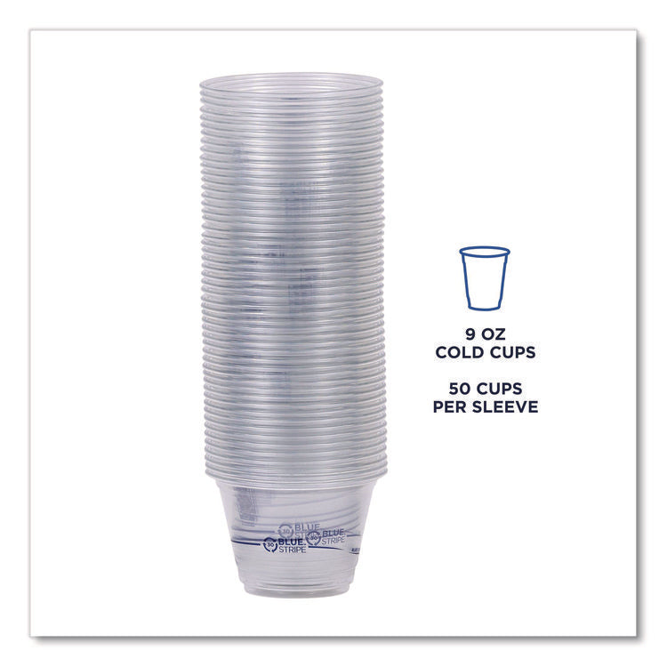 BlueStripe 25% Recycled Content Cold Cups, 9 oz, Plastic, Clear/Blue, 50/Pack, 20 Packs/Carton