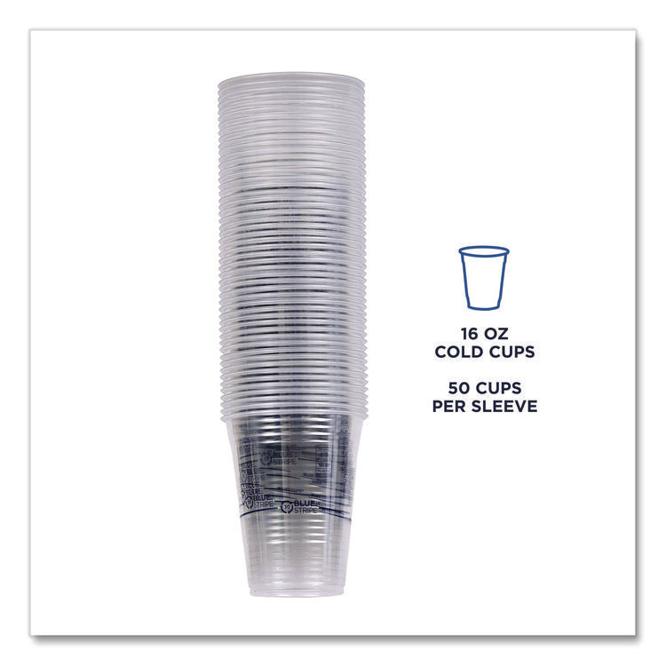 BlueStripe 25% Recycled Content Cold Cups, 16 oz, Plastic, Clear/Blue, 50/Pack, 20 Packs/Carton