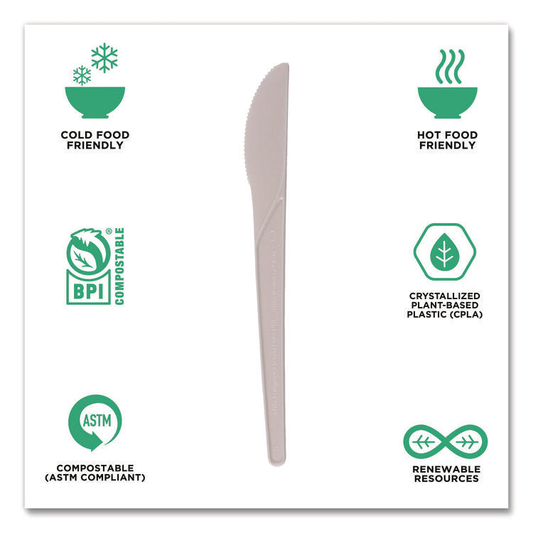 Plantware Compostable Cutlery, Knife, Plastic, Pearl White, 50/Pack, 20 Packs/Carton