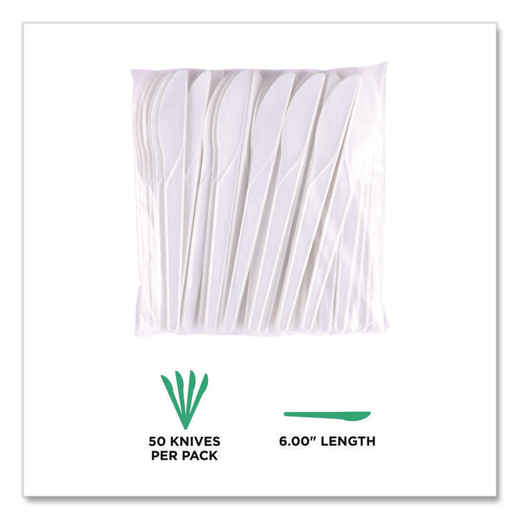 Plantware Compostable Cutlery, Knife, Plastic, Pearl White, 50/Pack, 20 Packs/Carton