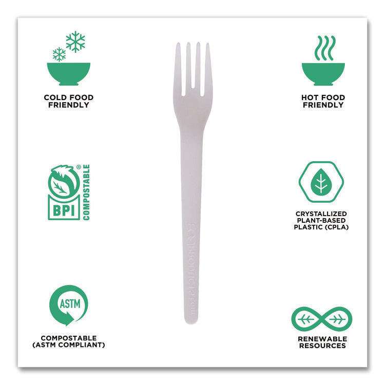 Plantware Compostable Cutlery, Fork, Plastic, Pearl White, 50/Pack, 20 Packs/Carton