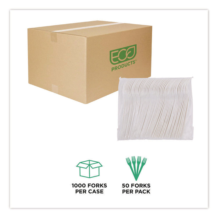 Plantware Compostable Cutlery, Fork, Plastic, Pearl White, 50/Pack, 20 Packs/Carton