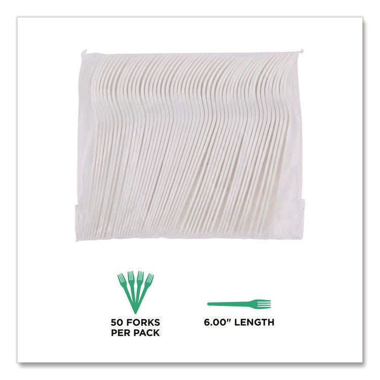 Plantware Compostable Cutlery, Fork, Plastic, Pearl White, 50/Pack, 20 Packs/Carton