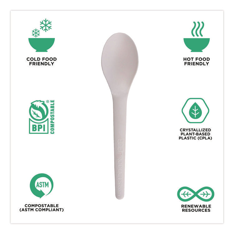 Plantware Compostable Cutlery, Spoon, Plastic, Pearl White, 50/Pack, 20 Pack/Carton