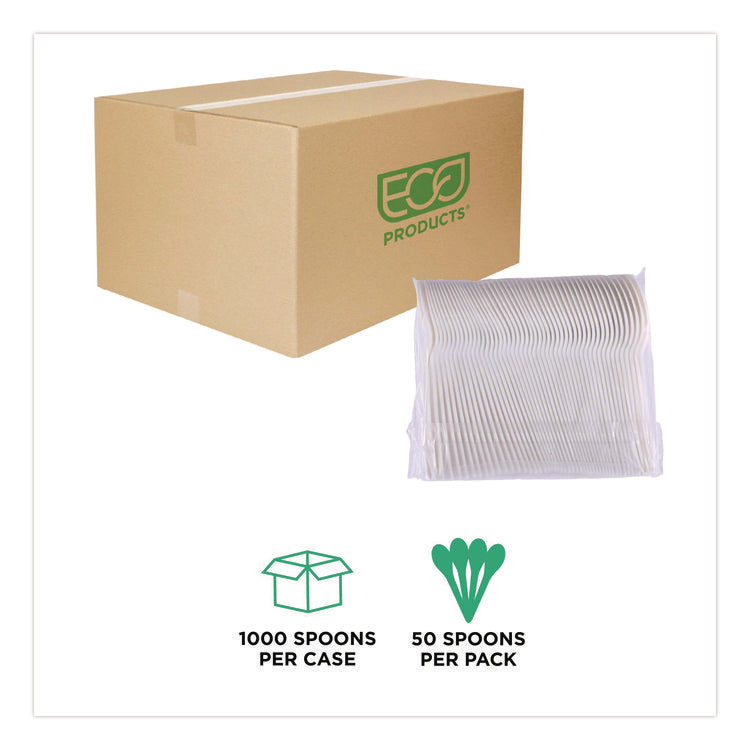 Plantware Compostable Cutlery, Spoon, Plastic, Pearl White, 50/Pack, 20 Pack/Carton