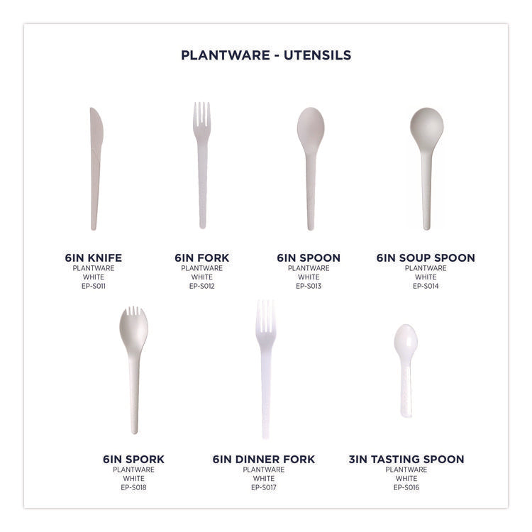 Plantware Compostable Cutlery, Spoon, Plastic, Pearl White, 50/Pack, 20 Pack/Carton