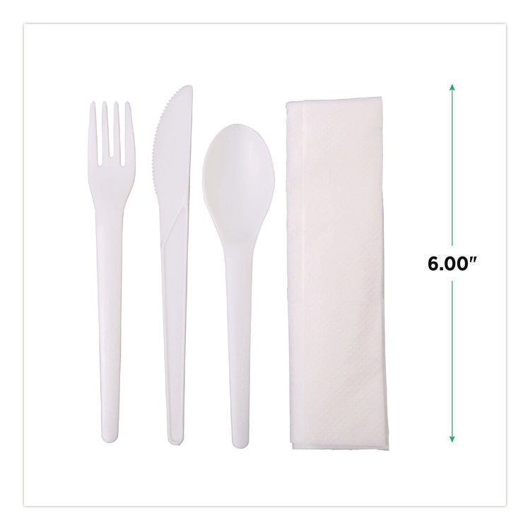 Plantware Compostable Cutlery Kit, Fork/Knife/Napkin/Spoon, Pearl White, 250 Kits/Carton