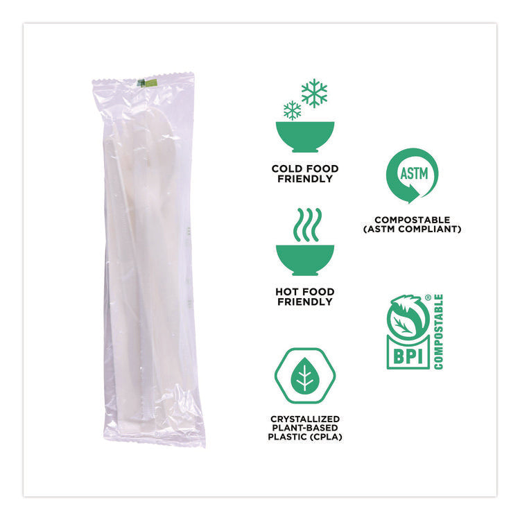 Plantware Compostable Cutlery Kit, Fork/Knife/Napkin/Spoon, Pearl White, 250 Kits/Carton