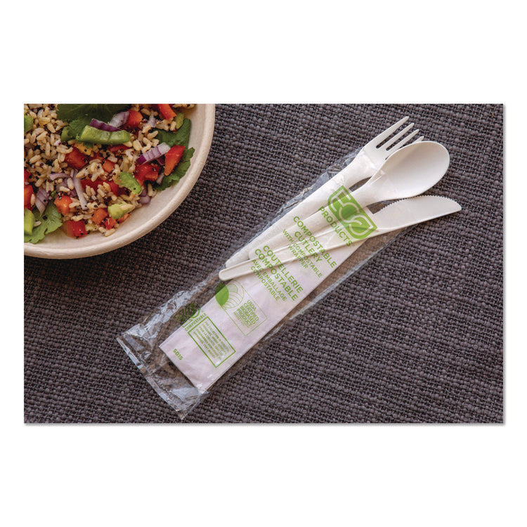 Plantware Compostable Cutlery Kit, Fork/Knife/Napkin/Spoon, Pearl White, 250 Kits/Carton