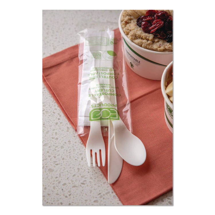Plantware Compostable Cutlery Kit, Fork/Knife/Napkin/Spoon, Pearl White, 250 Kits/Carton