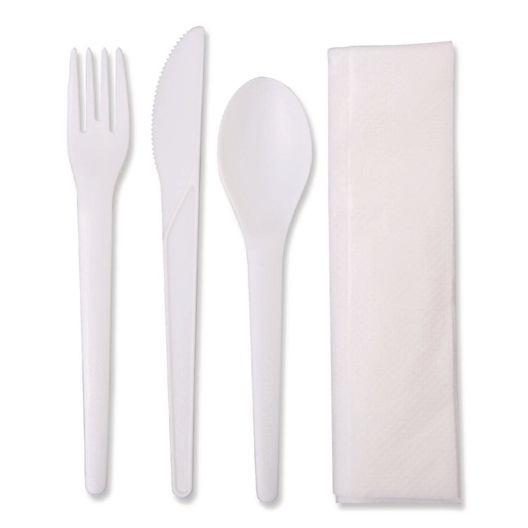 Plantware Compostable Cutlery Kit, Fork/Knife/Napkin/Spoon, Pearl White, 250 Kits/Carton