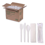 Plantware Compostable Cutlery Kit, Fork/Knife/Napkin/Spoon, Pearl White, 250 Kits/Carton