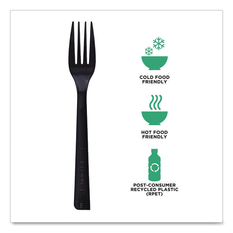 100% Recycled Content Cutlery, Fork, Plastic, Black, 50/Pack, 20 Packs/Carton