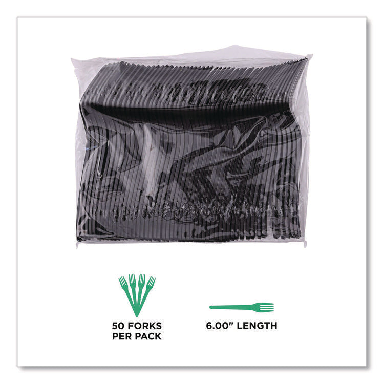 100% Recycled Content Cutlery, Fork, Plastic, Black, 50/Pack, 20 Packs/Carton
